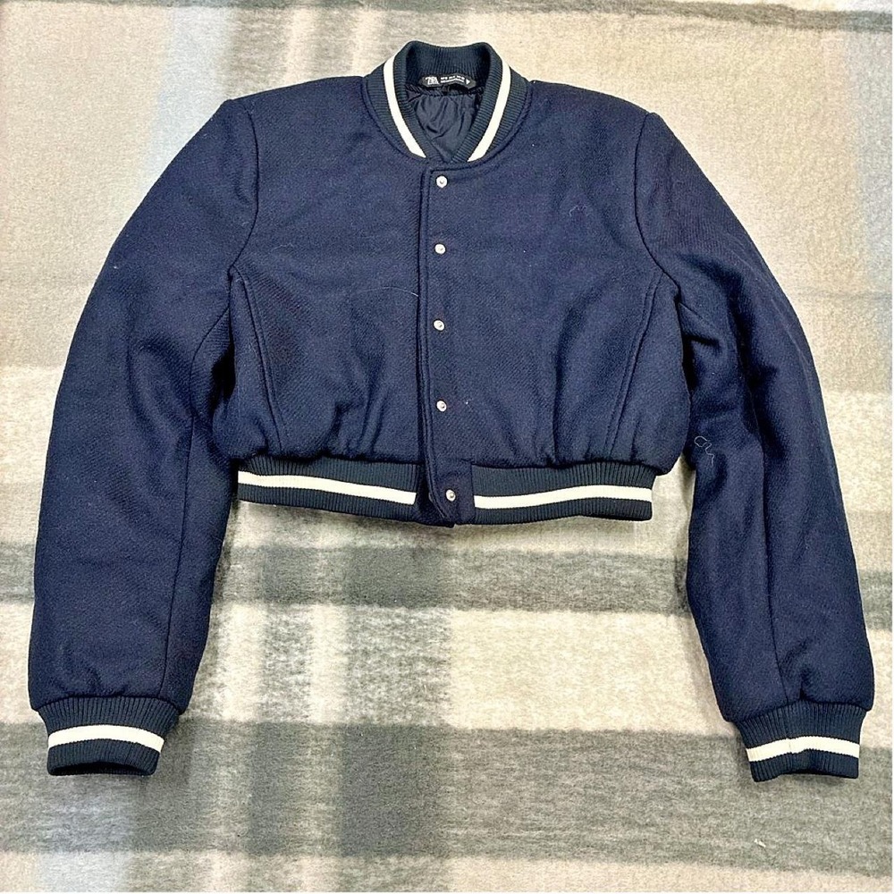 navy blue cropped varsity bomber jacket from Zara